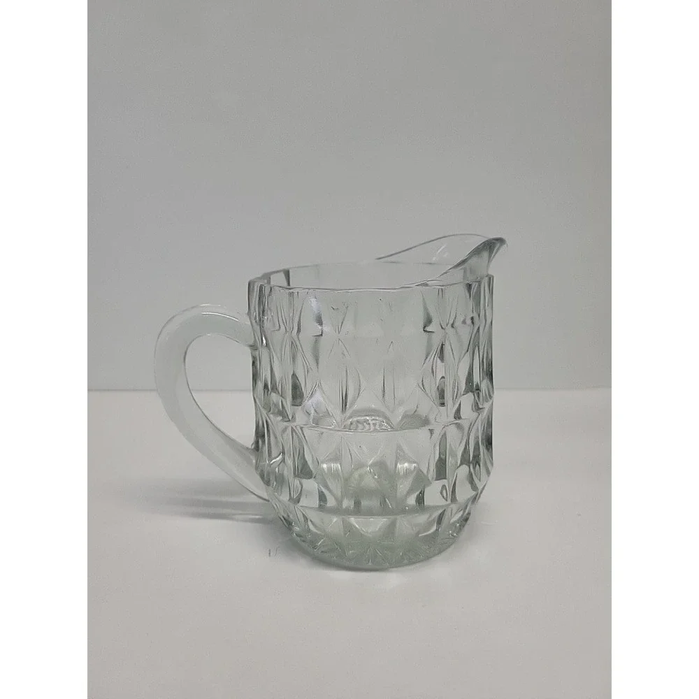 Vtg Clear Pressed Glass juice Pitcher Diamond Point Geometric Pattern 5‎ in